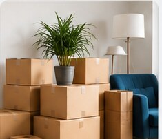 Illustrative household belongings arranged in boxes