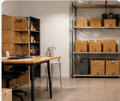 Illustrative workroom with shelving and organized boxes